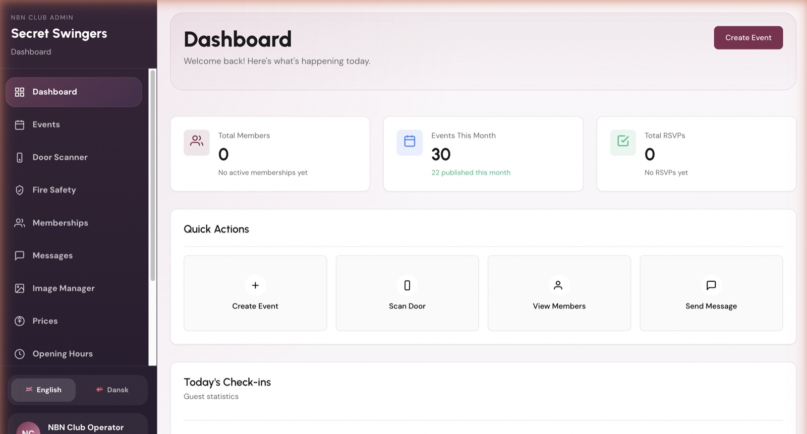 NBN Club Manager dashboard with example data